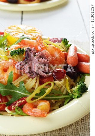 Seafood spaghetti pasta dish with octopus and shrimps Seafood spaghetti pasta dish with octopus and shrimps 12301257