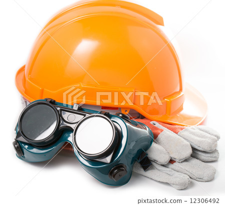 Safety hat and goggles glasses isolated 12306492