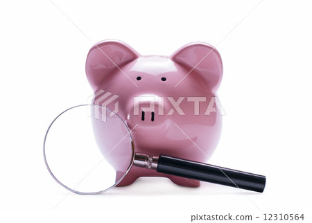 Magnifying glass next to a pink piggy bank 12310564