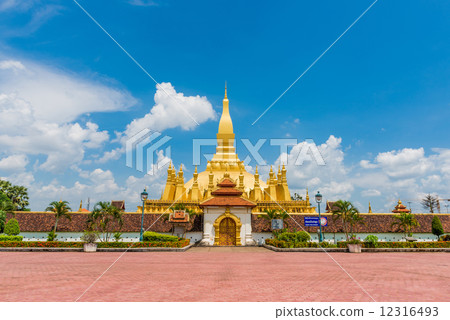Laos travel landmark, golden pagoda wat Phra That Luang in Vientiane. Buddhist temple.  12316493