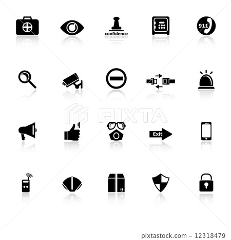 Security icons with reflect on white background Security icons with reflect on white background 12318479