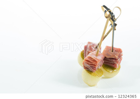 Appetizer. Creative cuisine. Prosciutto with pear on a white background. 12324365