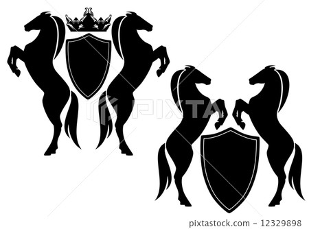 horses with shields vector design - black animals with heraldic design elements over white horses with shields vector design - black animals with heraldic design elements over white 12329898