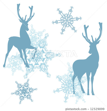 winter christmas theme decor with deers and snowflakes - vector design elements set winter christmas theme decor with deers and snowflakes - vector design elements set 12329899