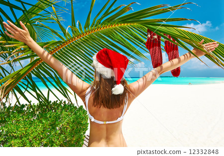 Woman in bikini on a beach at christmas Woman in bikini on a beach at christmas 12332848