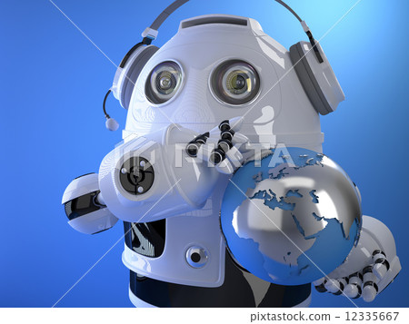 Robot operator in headset with globe. Globall... - Stock Illustration ...