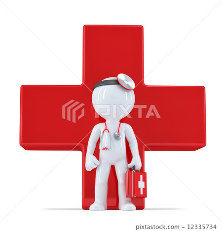 3d doctor in front of giant red cross. Isolated. Contains clipping path 12335734