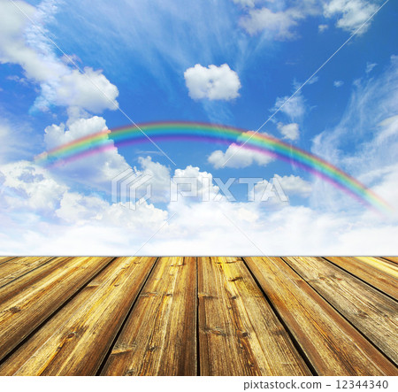 blue sky and wood floor background 12344340