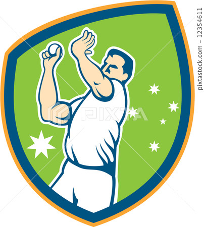 Australian Cricket Fast Bowler Bowling Ball Shield Cartoon Australian Cricket Fast Bowler Bowling Ball Shield Cartoon 12354611