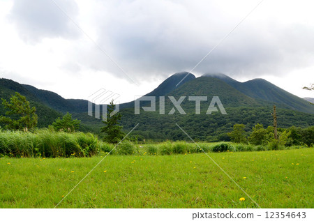 Mt. Tadahara with alpine plants bloom and Mt. Minamata in Kuju mountain range 12354643