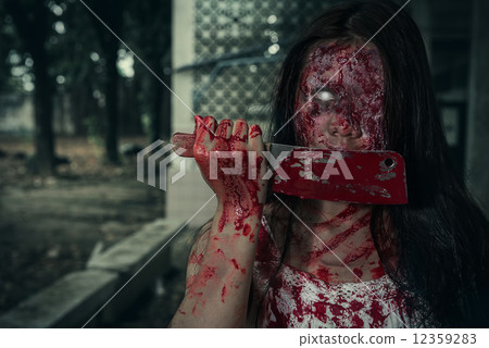 Suicidal girl in haunted school with cleaver 12359283