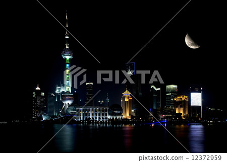shanghai skyline by night with moon shanghai skyline by night with moon 12372959