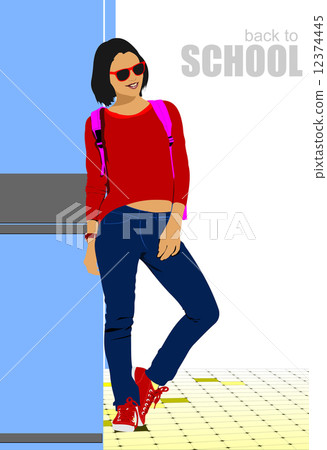 School girl is going to school. Back to school. Vector illustrat School girl is going to school. Back to school. Vector illustrat 12374445
