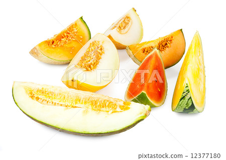 Different varieties of melons in pieces Different varieties of melons in pieces 12377180