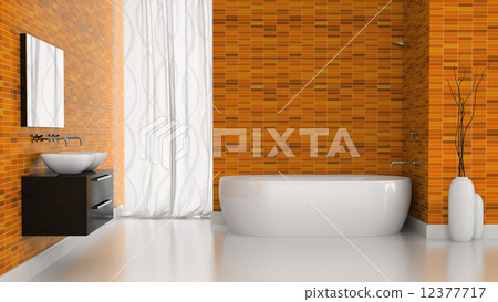 Interior of modern bathroom with orange tiles walls 12377717