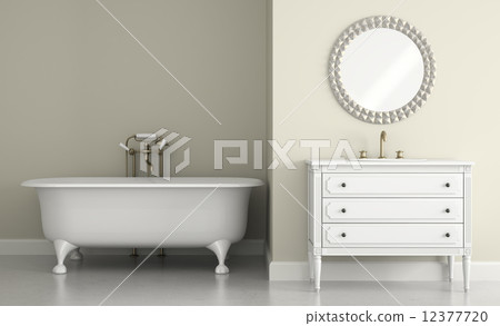 Interior of classic bathroom with round mirror 3D rendering Interior of classic bathroom with round mirror 3D rendering 12377720