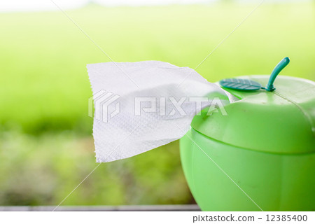 Green plastic tissue box in apple shape with nature background. 12385400