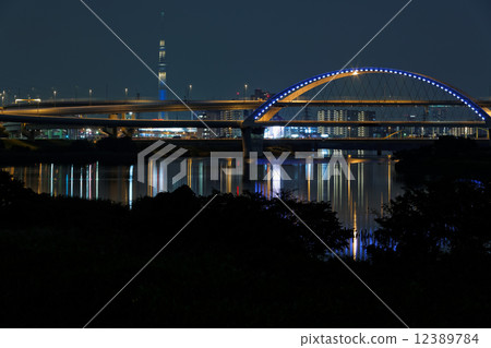 Jiangbei junction and light-up Sky Tree and Goshiki Sakura Ohashi 12389784