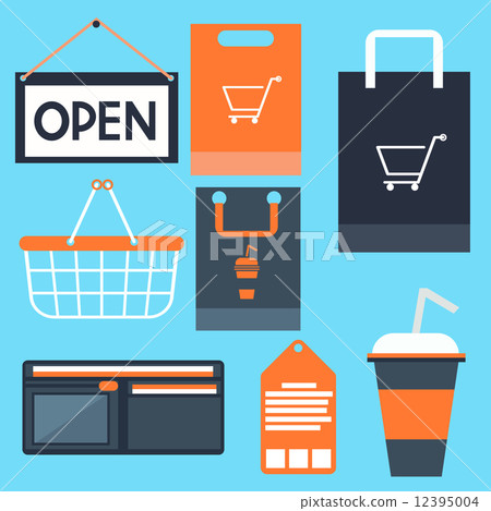 Shopping icons set basket bag label tag purse signboard 12395004