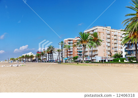Seafront, beach,coast in Spain. Suburb of Barcelona, Catalonia 12406318