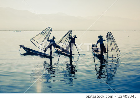 Burmese fisherman at Inle lake, Myanmar Burmese fisherman at Inle lake, Myanmar 12408343