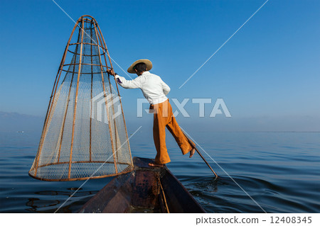 Burmese fisherman at Inle lake, Myanmar Burmese fisherman at Inle lake, Myanmar 12408345