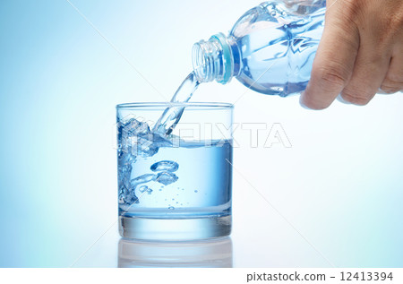 pure water is emptied into a glass of water from bottle 12413394