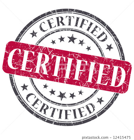 Certified red round grungy stamp isolated on white background 12415475