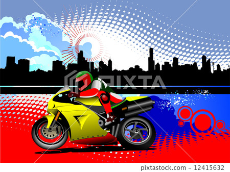Grunge colored silhouette cityscape with biker image. Vector ill Grunge colored silhouette cityscape with biker image. Vector ill 12415632