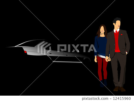 White car silhouette and couple on black background. Vector illu White car silhouette and couple on black background. Vector illu 12415960