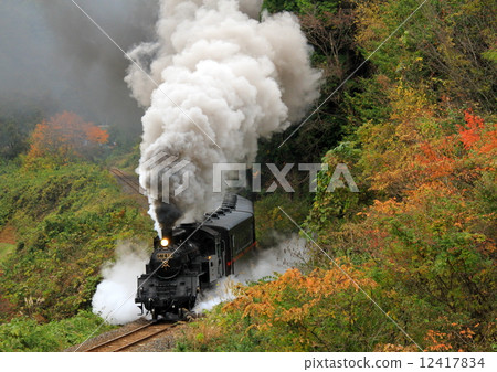 Moka Railway “SL running with autumn leaves at Amayaba Pass and billowing smoke” 12417834