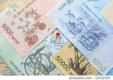 South Korean Won currency with pin on Seoul 12422505