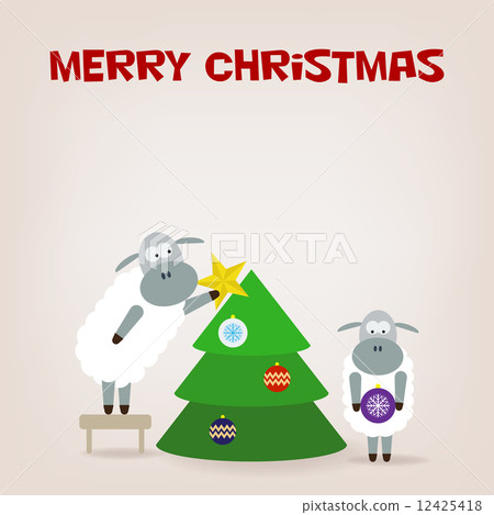 Cartoon funny sheep dresses up a fir-tree. Cartoon funny sheep dresses up a fir-tree. 12425418