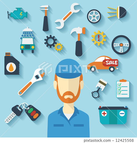 Car service concept with flat icons and mechanic. Car service concept with flat icons and mechanic. 12425508