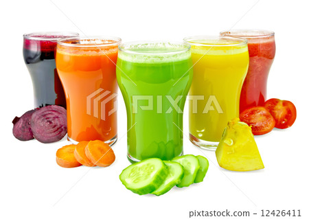 Juice vegetable in five glasses with vegetables Juice vegetable in five glasses with vegetables 12426411