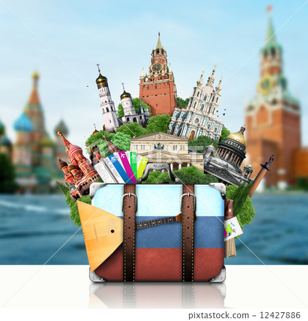 Russia, landmarks Moscow, retro suitcase, travel 12427886