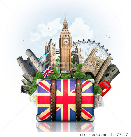 England, British landmarks, travel and retro suitcase  12427907