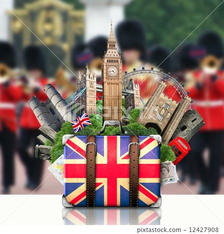 England, British landmarks, travel and retro suitcase England, British landmarks, travel and retro suitcase 12427908