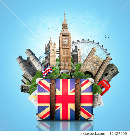 England, British landmarks, travel and retro suitcase 12427909