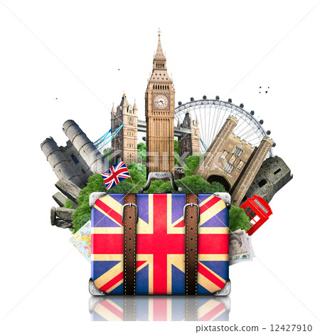England, British landmarks, travel and retro suitcase 12427910