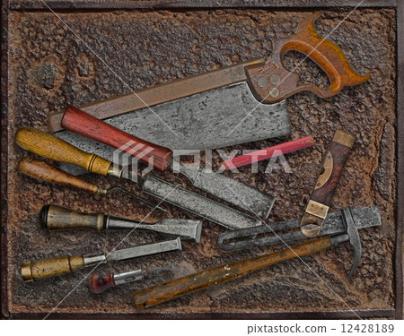 vintage woodworking tools over rusty plate vintage woodworking tools over rusty plate 12428189