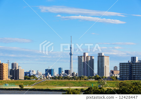 Hand typhoon over river hand residential area and Tokyo sky tree Hand typhoon over river hand residential area and Tokyo sky tree 12428447