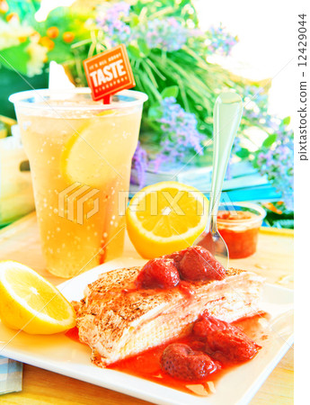 strawberry cheese crepe with sweet strawberry jam topping and co 12429044