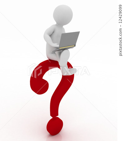 man with a laptop is sitting on a glossy red question mark 12429099