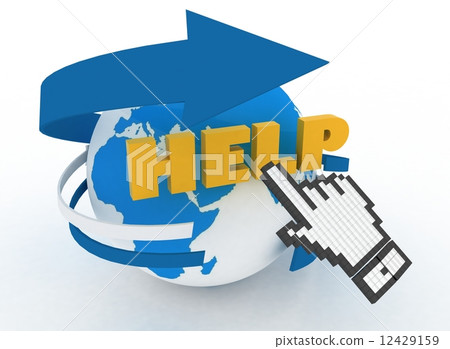 Earth globe and hand cursor on a word "help". 3d illustration of internet world wide web concept 12429159