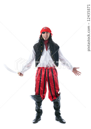 Cheerful man in pirate costume, isolated on white 12435871