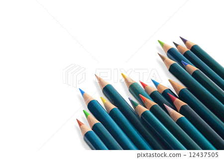 Many colored wooden pencils & text on white 12437505