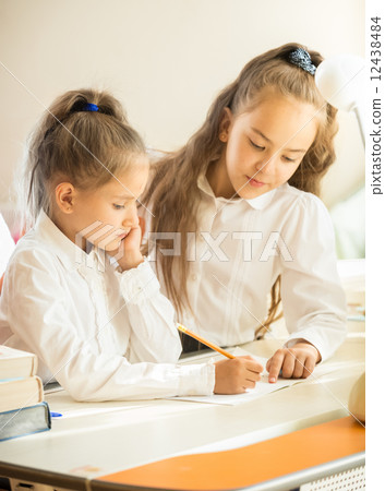 portrait of older sister helping with homework to younger one portrait of older sister helping with homework to younger one 12438484