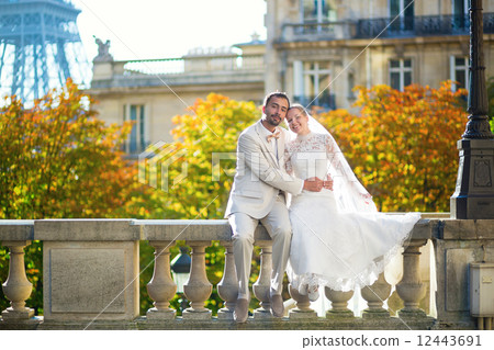 Happy just married couple in Paris 12443691