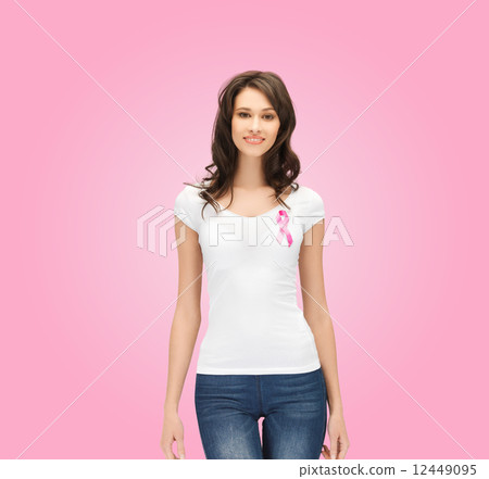 smiling young woman with cancer awareness ribbon 12449095